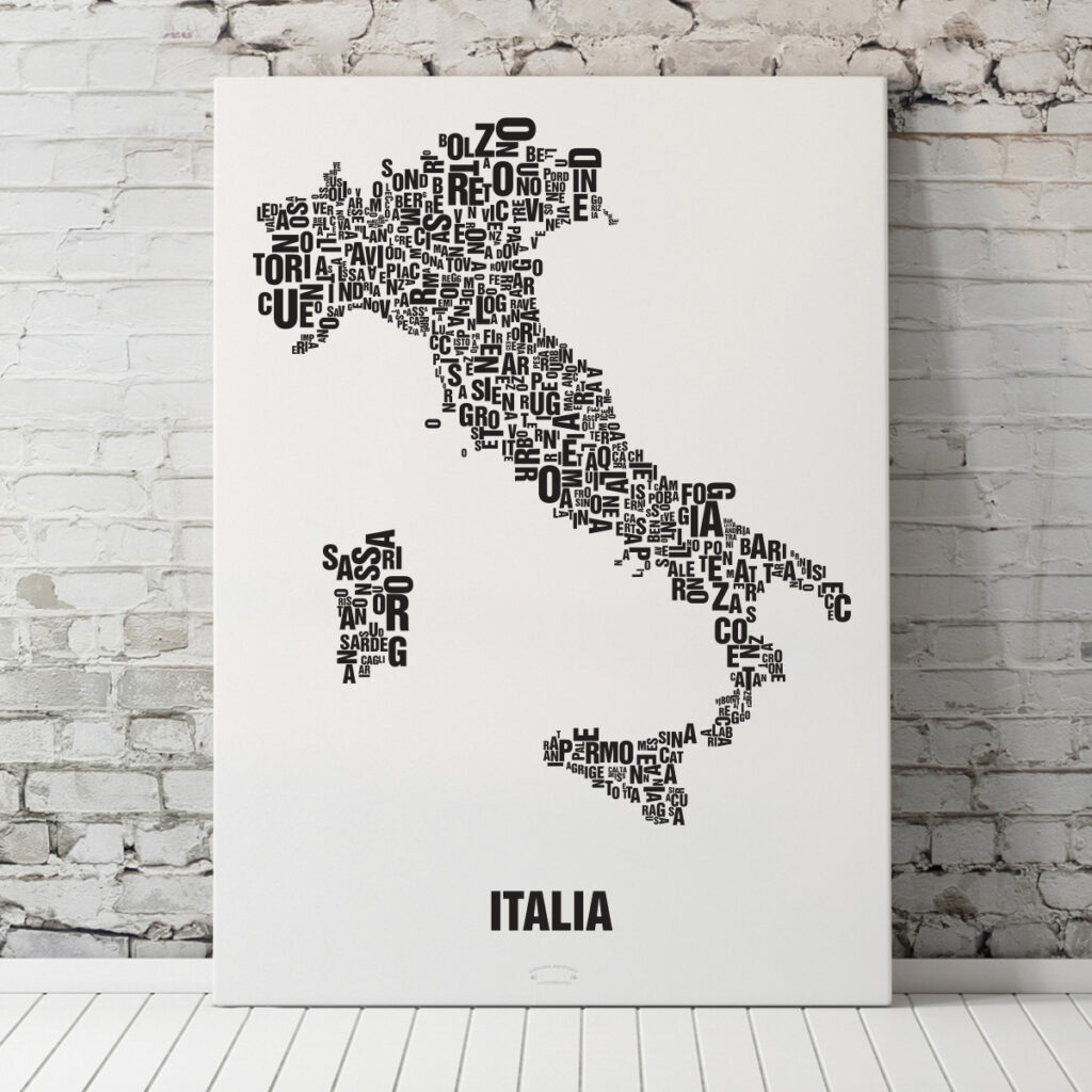 Buchstabenort Italien: Landkarte aus Buchstaben mit allen Provinzen Italiens an ihrem Ort.