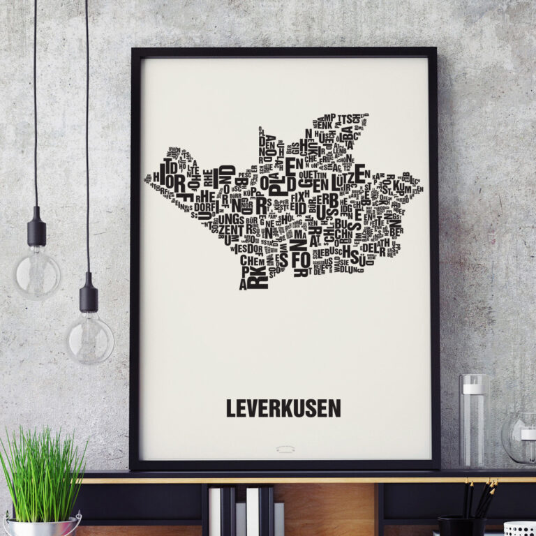 Buchstabenort Leverkusen: Stadtteile-Poster nur aus Buchstaben